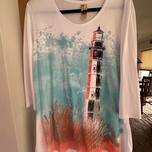 White and Blue Lighthouse Graphic Top
